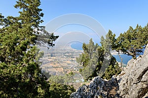 Aerial view on valley of Rhodes town from Mount of Tsampika Church, Greece