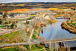Aerial view of valley with Tagus river on outskirts of Toledo city