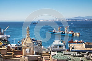 Aerial view of Valparaiso Bay and Reloj Turri Clock Tower from Paseo Gervasoni at Cerro Concepcion Hill - Valparaiso, Chile photo