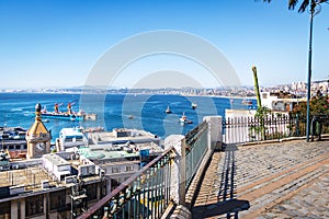 Aerial view of Valparaiso Bay and Reloj Turri Clock Tower from Paseo Gervasoni at Cerro Concepcion Hill - Valparaiso, Chile photo