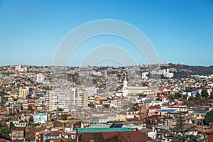 Aerial view of Valparaiso and Las Carmelitas church from Plaza Bismarck at Cerro Carcel Hill - Valparaiso, Chile photo