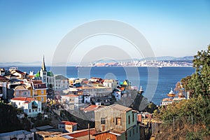 Aerial view of Valparaiso with Lutheran Church from Cerro Carcel Hill - Valparaiso, Chile photo