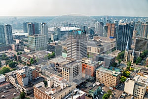 Aerial view of Vancouver Downtown skyline from city rooftop, British Columbia, Canada