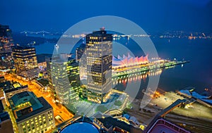 Aerial view of Vancouver Harbour at night from city tower