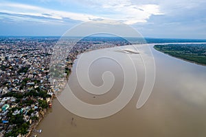 Aerial view of Varanasi city with  Ganges river, ghats, the houses in Varanasi, Banaras, India