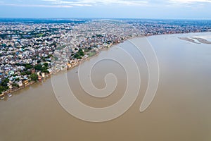 Aerial view of Varanasi city with  Ganges river, ghats, the houses in Varanasi, Banaras, India