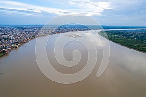 Aerial view of Varanasi city with  Ganges river, ghats, the houses in Varanasi, Banaras, India