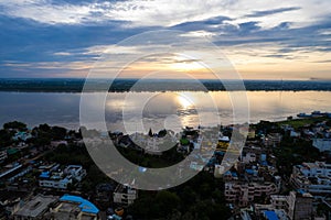 Aerial view of Varanasi city with  Ganges river, ghats, the houses in Varanasi, Banaras, India