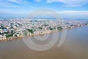 Aerial view of Varanasi city with  Ganges river, ghats, the houses in Varanasi, Banaras, India