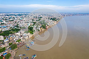 Aerial view of Varanasi city with  Ganges river, ghats, the houses in Varanasi, Banaras, India