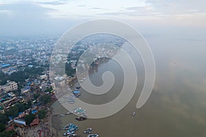 Aerial view of Varanasi city with  Ganges river, ghats, the houses in Varanasi, Banaras, India