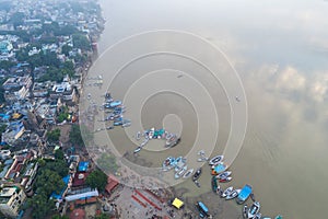 Aerial view of Varanasi city with  Ganges river, ghats, the houses in Varanasi, Banaras, India