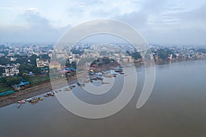 Aerial view of Varanasi city with  Ganges river, ghats, the houses in Varanasi, Banaras, India