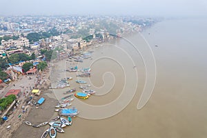 Aerial view of Varanasi city with  Ganges river, ghats, the houses in Varanasi, Banaras, India