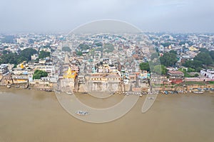 Aerial view of Varanasi city with  Ganges river, ghats, the houses in Varanasi, Banaras, India