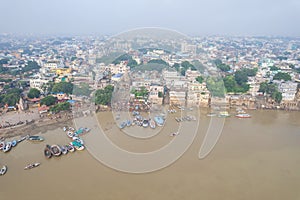 Aerial view of Varanasi city with  Ganges river, ghats, the houses in Varanasi, Banaras, India