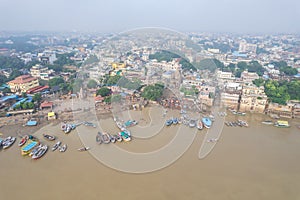 Aerial view of Varanasi city with  Ganges river, ghats, the houses in Varanasi, Banaras, India