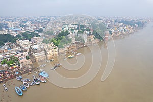 Aerial view of Varanasi city with  Ganges river, ghats, the houses in Varanasi, Banaras, India