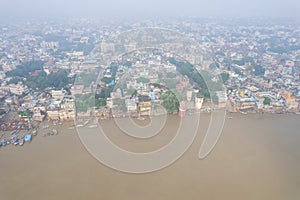 Aerial view of Varanasi city with  Ganges river, ghats, the houses in Varanasi, Banaras, India