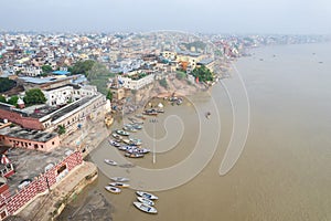 Aerial view of Varanasi city with  Ganges river, ghats, the houses in Varanasi, Banaras, India