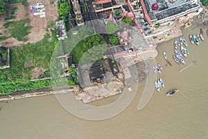 Aerial view of Varanasi city with  Ganges river, ghats, the houses in Varanasi, Banaras, India