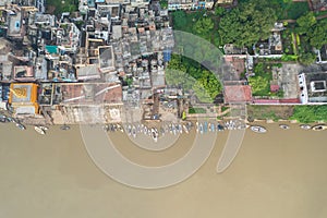 Aerial view of Varanasi city with  Ganges river, ghats, the houses in Varanasi, Banaras, India