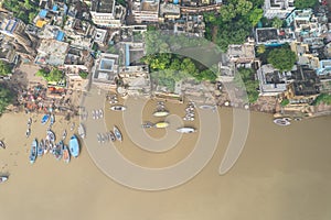 Aerial view of Varanasi city with  Ganges river, ghats, the houses in Varanasi, Banaras, India