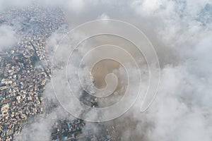 Aerial view of Varanasi city with  Ganges river, ghats, the houses in Varanasi, Banaras, India