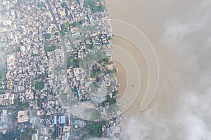 Aerial view of Varanasi city with  Ganges river, ghats, the houses in Varanasi, Banaras, India