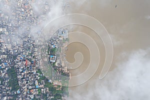 Aerial view of Varanasi city with  Ganges river, ghats, the houses in Varanasi, Banaras, India