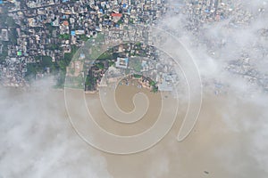 Aerial view of Varanasi city with  Ganges river, ghats, the houses in Varanasi, Banaras, India