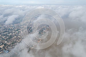 Aerial view of Varanasi city with  Ganges river, ghats, the houses in Varanasi, Banaras, India