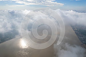 Aerial view of Varanasi city with  Ganges river, ghats, the houses in Varanasi, Banaras, India