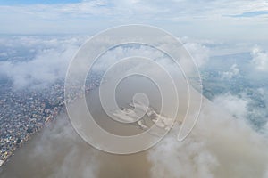 Aerial view of Varanasi city with  Ganges river, ghats, the houses in Varanasi, Banaras, India