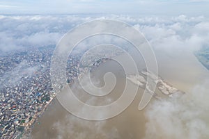 Aerial view of Varanasi city with  Ganges river, ghats, the houses in Varanasi, Banaras, India