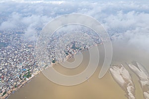 Aerial view of Varanasi city with  Ganges river, ghats, the houses in Varanasi, Banaras, India