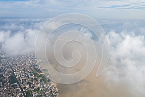 Aerial view of Varanasi city with  Ganges river, ghats, the houses in Varanasi, Banaras, India