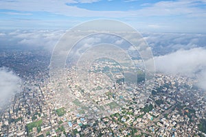 Aerial view of Varanasi city with  Ganges river, ghats, the houses in Varanasi, Banaras, India