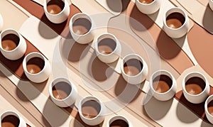 Aerial view of various assorted coffee cups on pastel minimalist theme background