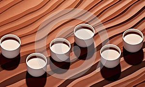 Aerial view of various assorted coffee cups on pastel minimalist theme background