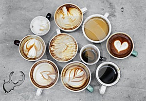 Aerial view of various coffee caffeine drink