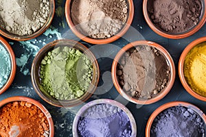 aerial view of various colored clay powders in bowls