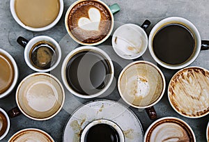 Aerial view of various hot coffee drinks photo