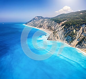 Aerial view of the various shades of turqoise blue in the sea of Lefkada island, photo