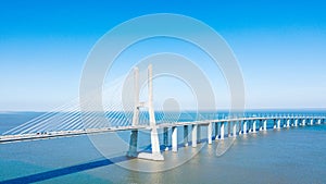 Aerial View Of Vasco da Gama Bridge And High Car Traffic In Lisbon City