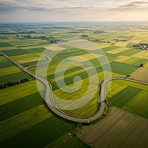 Aerial view of a vast agricultural landscape featuring rectangular fields in varying photo