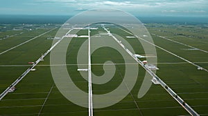 Aerial view of a vast emerald green paddy field on a cloudy day