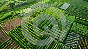 An aerial view of a vast farm filled with different types of plants. The fields are organized in a carefully planned