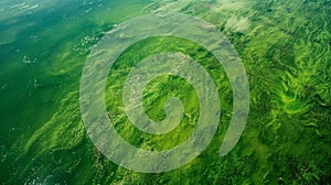 An aerial view of a vast green sea filled with tiny green specks tered throughout. These tiny specks are microalgae the