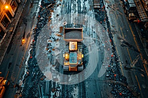 An aerial view of a vehicle on a snowcovered road in an urban landscape
